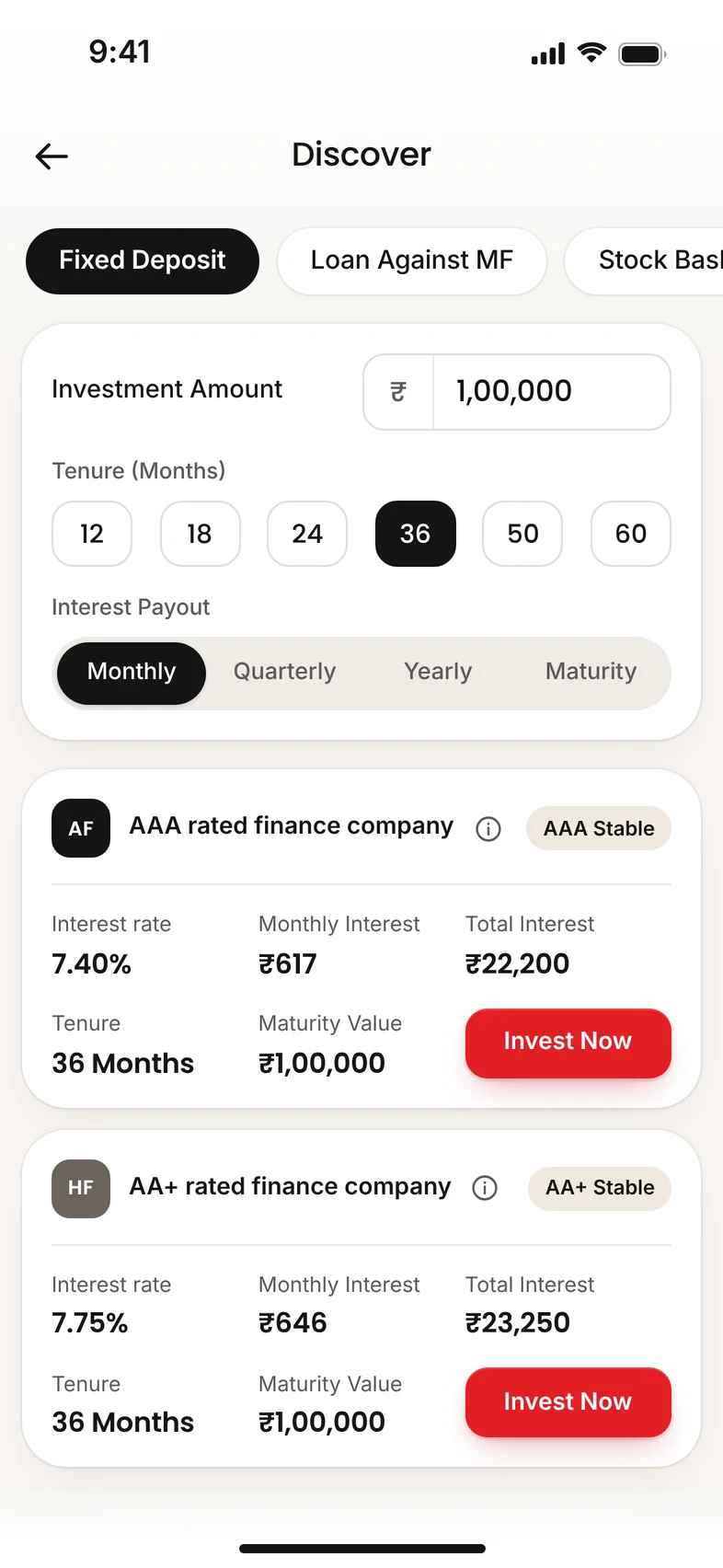 The Fixed Deposit screen of the Wealthier app, with an investment amount of ₹1,00,000, tenure and payout choices, and illustrative issuer cards with their ratings, rates and maturity values.