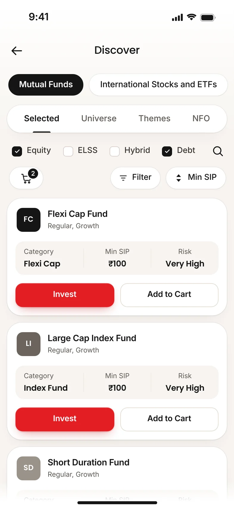 The Selected tab of Mutual Funds in the Wealthier app, with category filters, a cart and illustrative fund cards that show the category, the minimum SIP and the risk, each with Invest and Add to Cart.