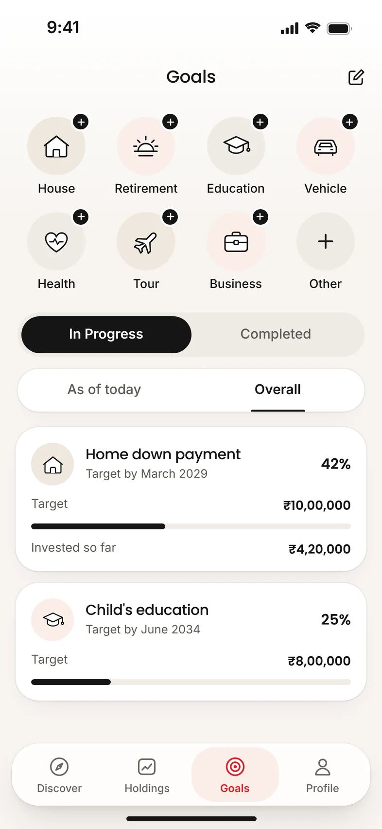 The Goals tab of the Wealthier app, with eight goal types and two illustrative goals in progress, each with its target and progress.