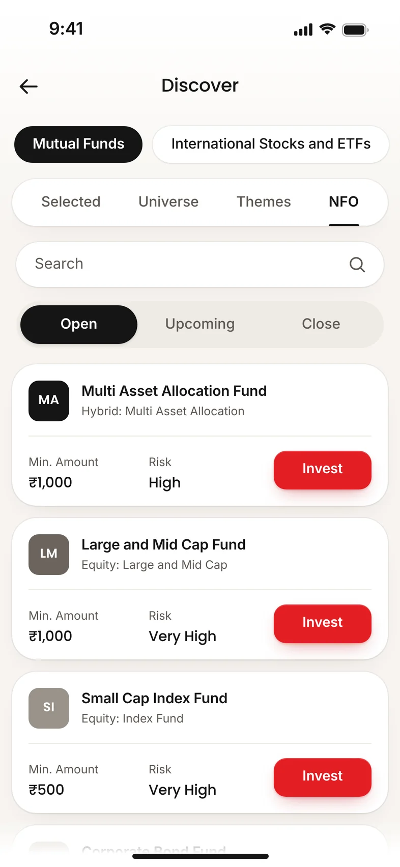 The NFO tab of Mutual Funds in the Wealthier app, with Open selected and illustrative New Fund Offers, each with its category, minimum amount and risk.